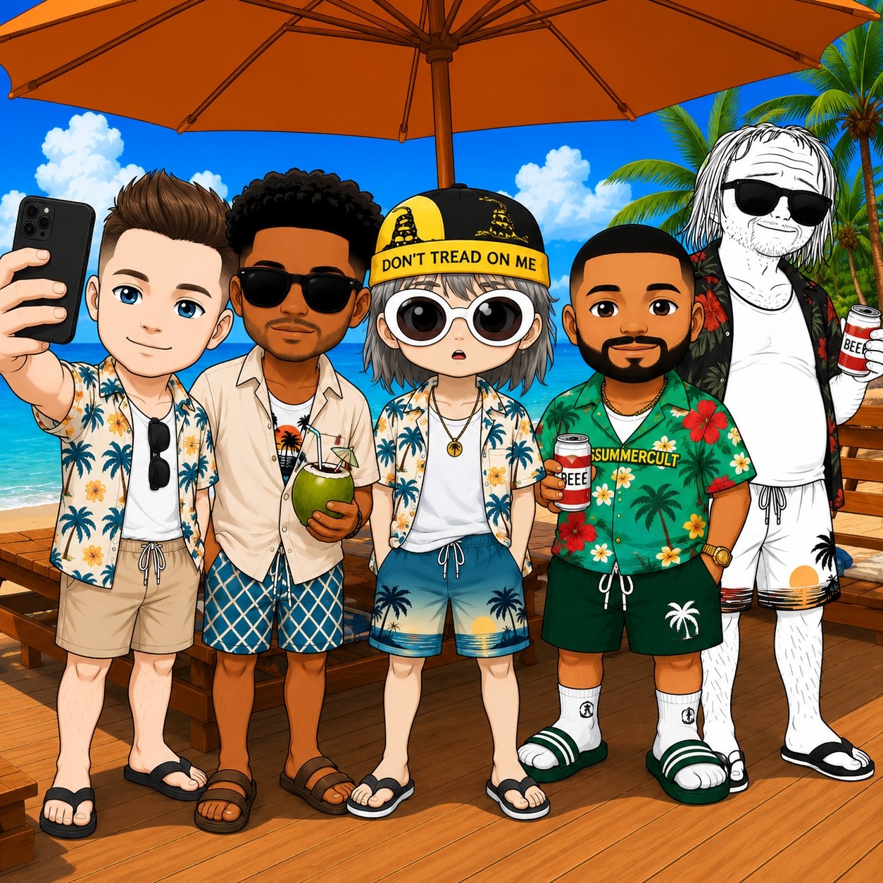 Summer Cult crew under a beach umbrella
